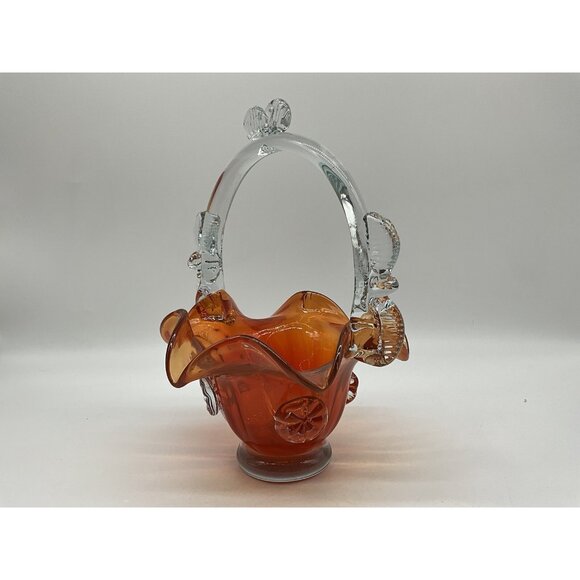 Vintage Hungarian Art Glass Burnt Orange And Clear 10 Inch Basket Collectible - Picture 12 of 16